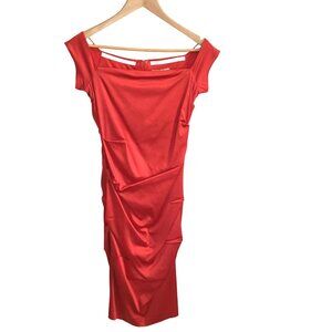 I S S U E Red Satin Off Shoulder Bodycon Cocktail Dress Stretch Small